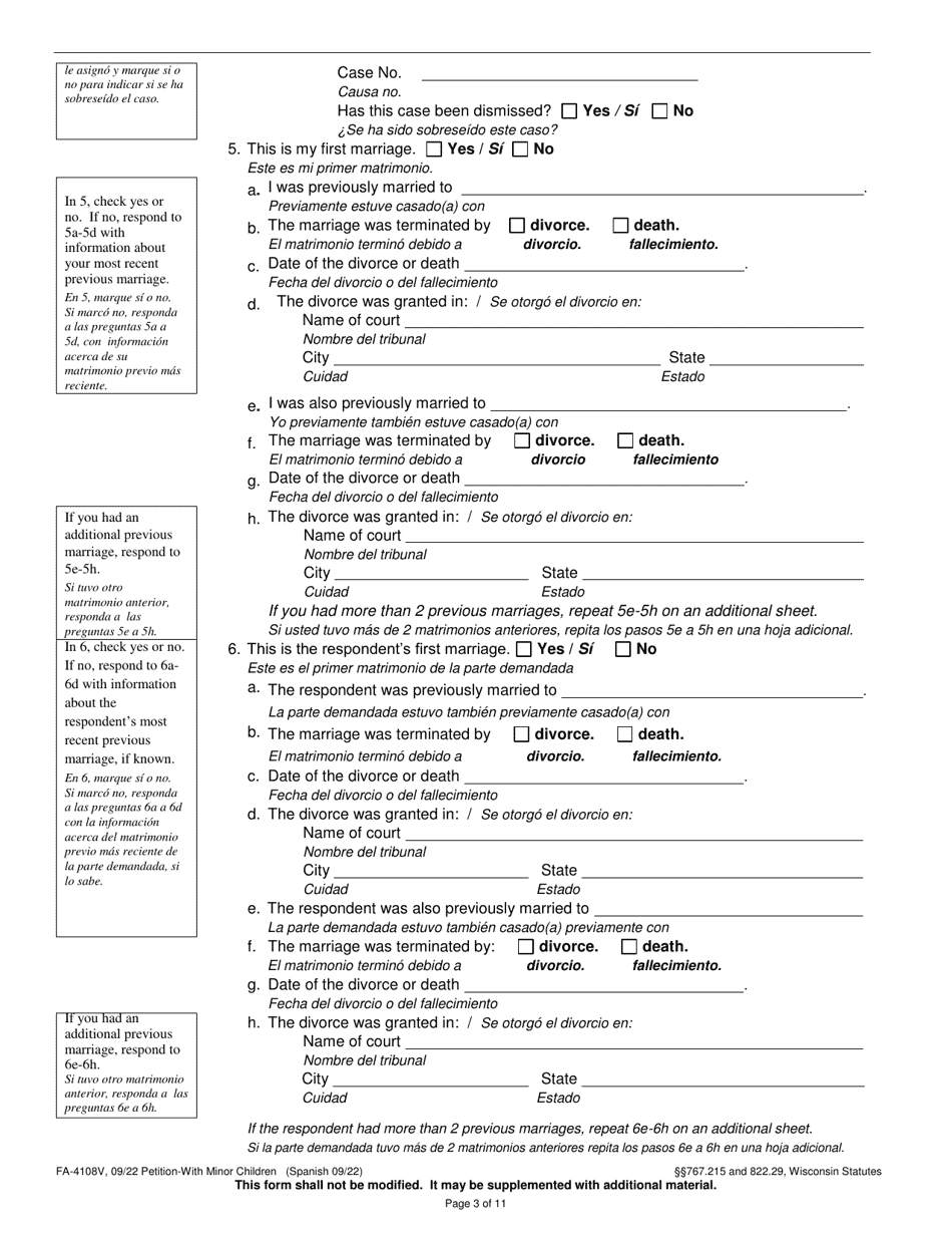 Form FA-4108V Petition With Minor Children - Wisconsin (English / Spanish), Page 3