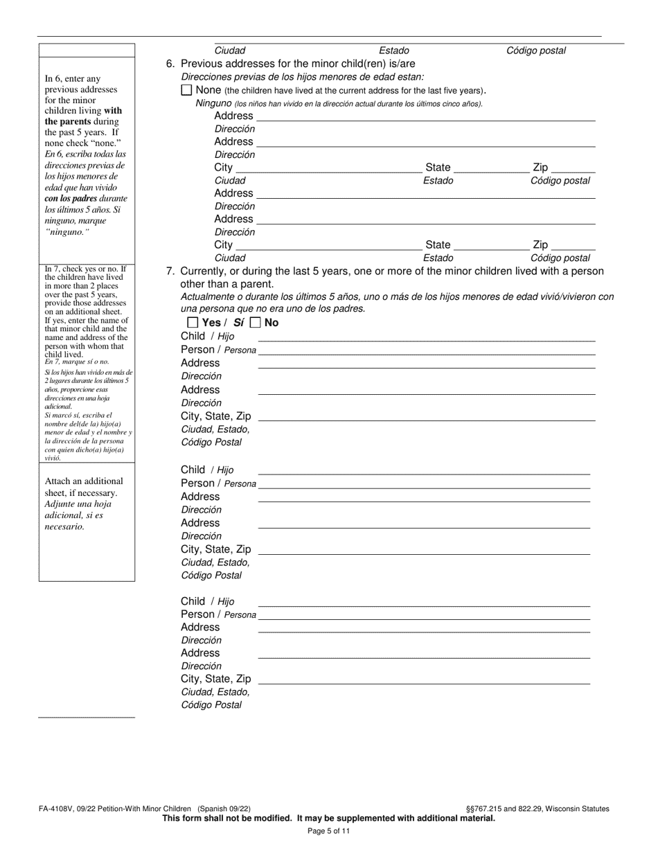 Form FA-4108V Petition With Minor Children - Wisconsin (English / Spanish), Page 5