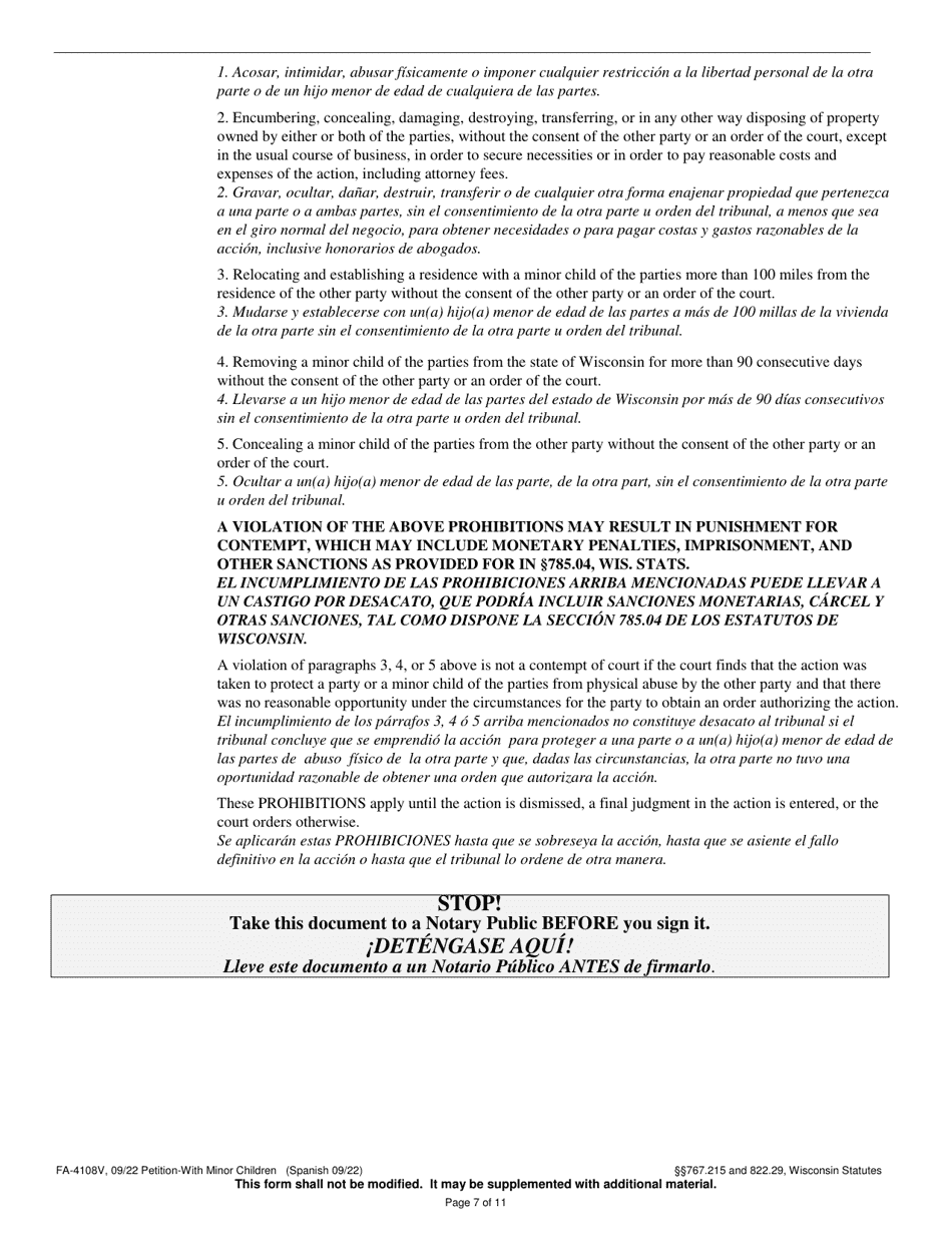 Form FA-4108V Petition With Minor Children - Wisconsin (English / Spanish), Page 7