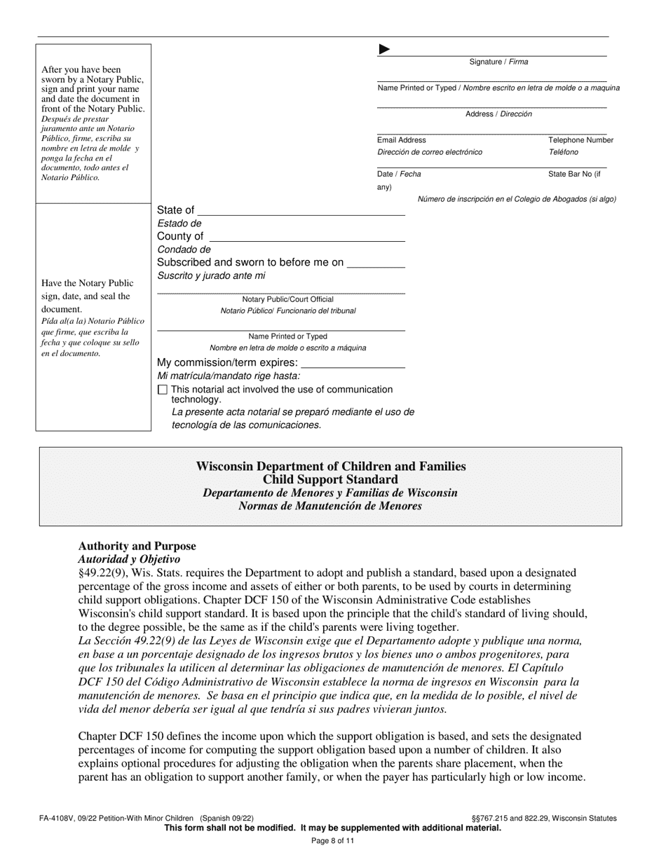 Form FA-4108V Petition With Minor Children - Wisconsin (English / Spanish), Page 8