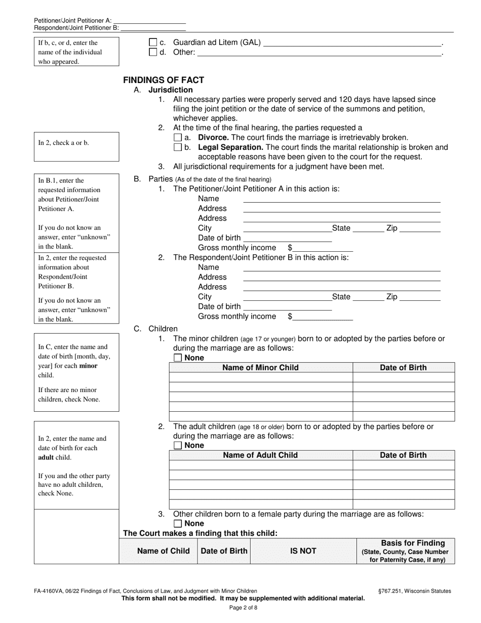 Form FA-4160VA Findings of Fact, Conclusions of Law, and Judgment With Minor Children - Wisconsin, Page 2