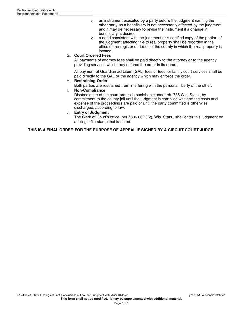 Form FA-4160VA Findings of Fact, Conclusions of Law, and Judgment With Minor Children - Wisconsin, Page 8