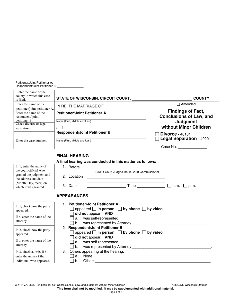 Form FA-4161VA Findings of Fact, Conclusions of Law, and Judgment Without Minor Children - Wisconsin, Page 1