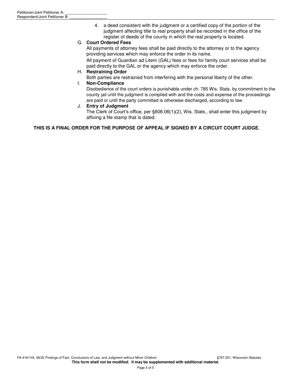Form FA-4161VA Findings of Fact, Conclusions of Law, and Judgment Without Minor Children - Wisconsin, Page 5