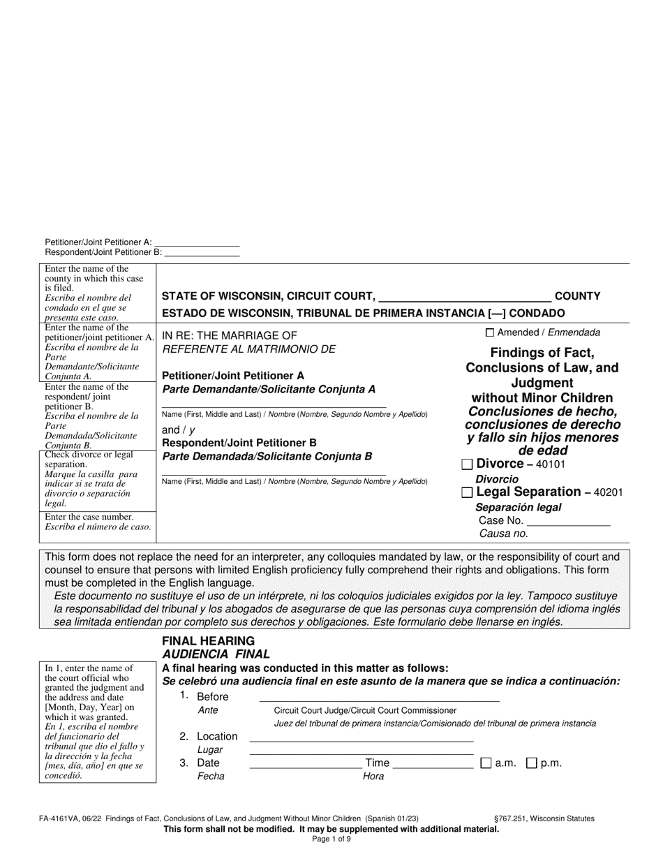 Form FA-4161VA Findings of Fact, Conclusions of Law, and Judgment Without Minor Children - Wisconsin (English / Spanish), Page 1