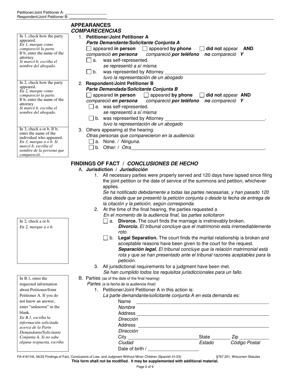 Form FA-4161VA Findings of Fact, Conclusions of Law, and Judgment Without Minor Children - Wisconsin (English / Spanish), Page 2