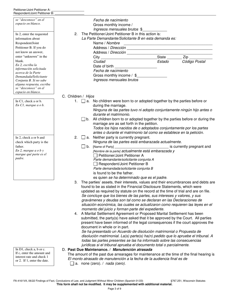 Form FA-4161VA Findings of Fact, Conclusions of Law, and Judgment Without Minor Children - Wisconsin (English / Spanish), Page 3