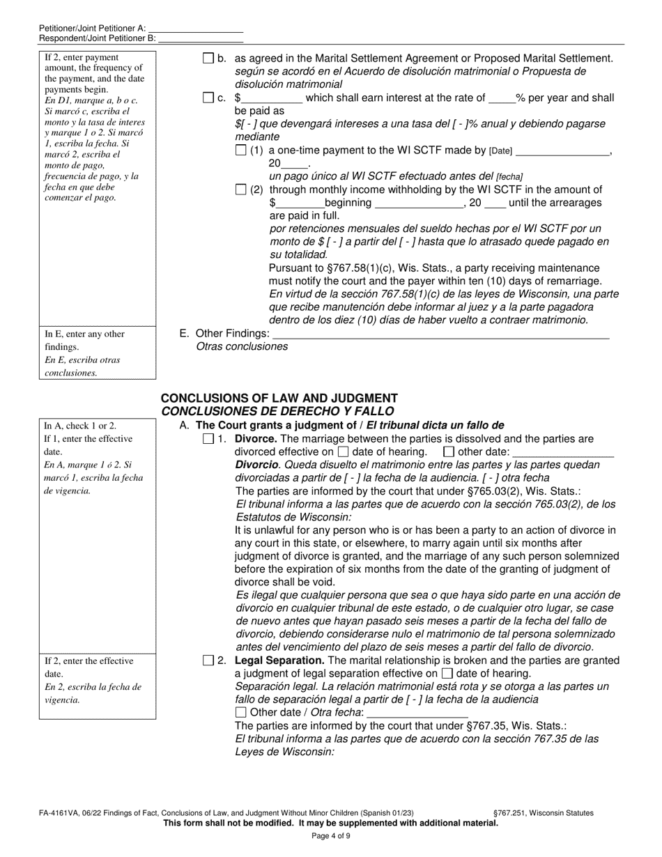 Form FA-4161VA Findings of Fact, Conclusions of Law, and Judgment Without Minor Children - Wisconsin (English / Spanish), Page 4