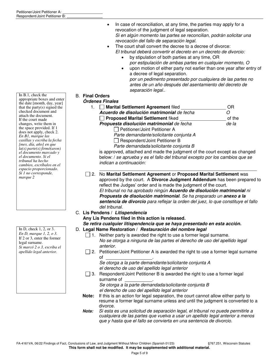 Form FA-4161VA Findings of Fact, Conclusions of Law, and Judgment Without Minor Children - Wisconsin (English / Spanish), Page 5