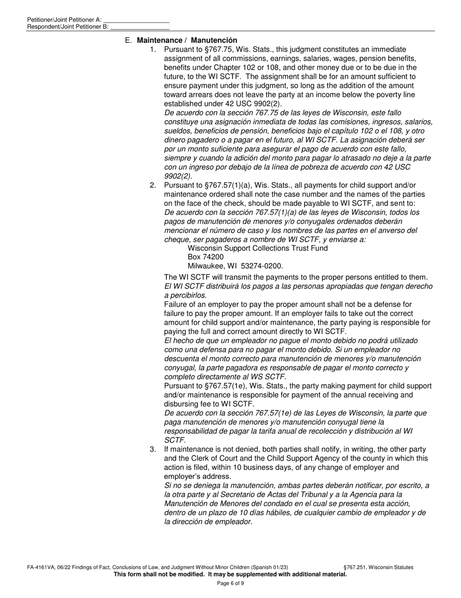 Form FA-4161VA Findings of Fact, Conclusions of Law, and Judgment Without Minor Children - Wisconsin (English / Spanish), Page 6