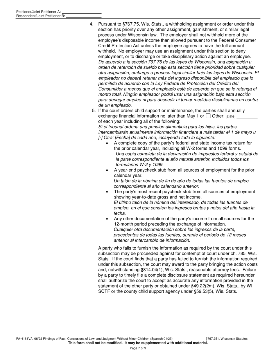 Form FA-4161VA Findings of Fact, Conclusions of Law, and Judgment Without Minor Children - Wisconsin (English / Spanish), Page 7