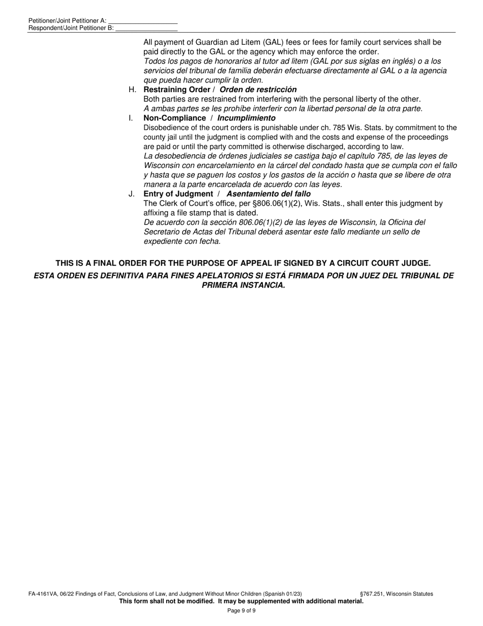Form FA-4161VA Findings of Fact, Conclusions of Law, and Judgment Without Minor Children - Wisconsin (English / Spanish), Page 9