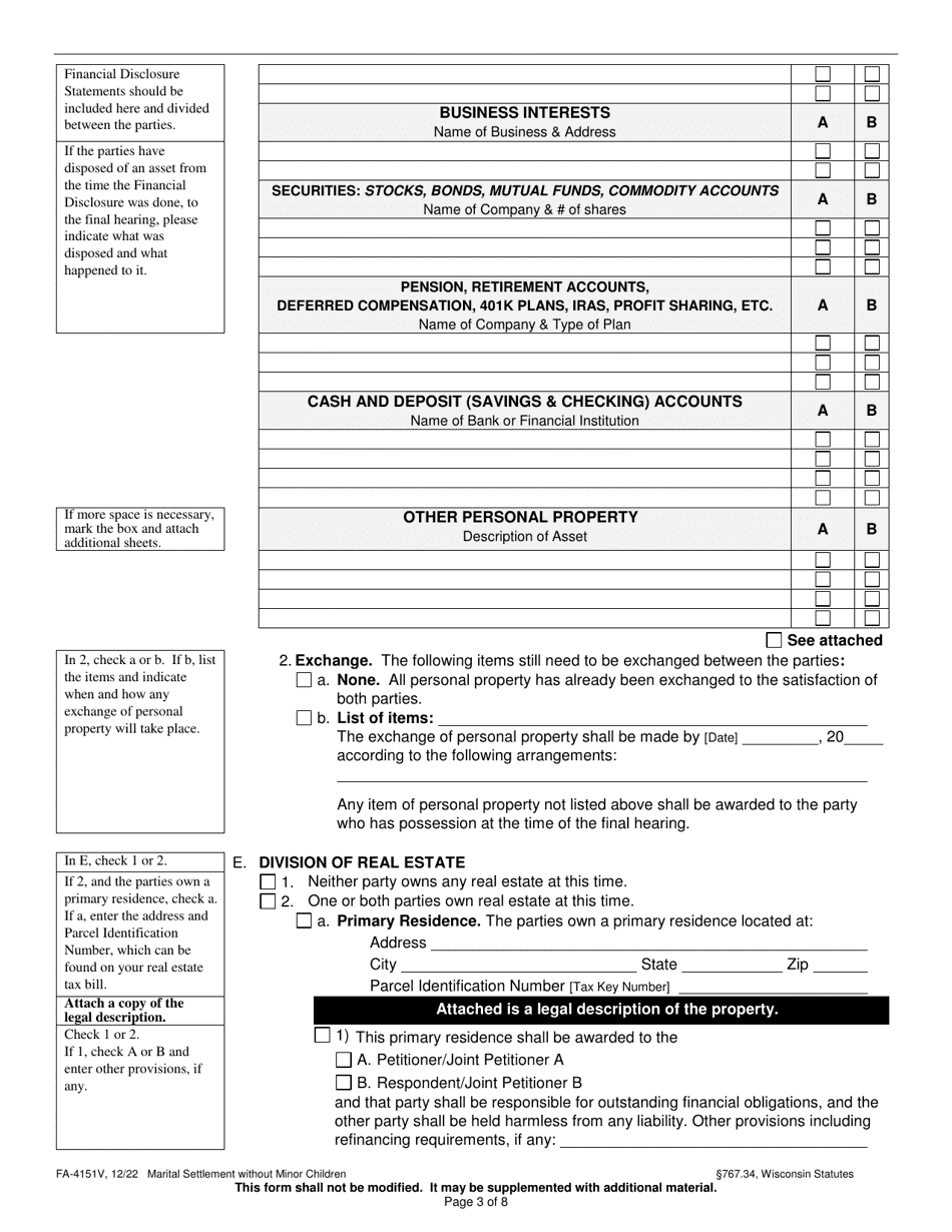Form FA-4151V Marital Settlement Without Minor Children - Wisconsin, Page 3