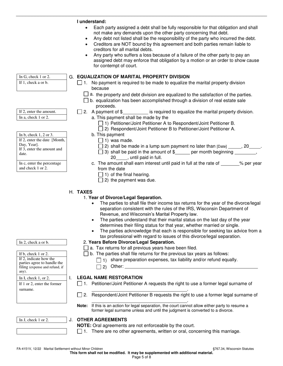 Form FA-4151V Marital Settlement Without Minor Children - Wisconsin, Page 5