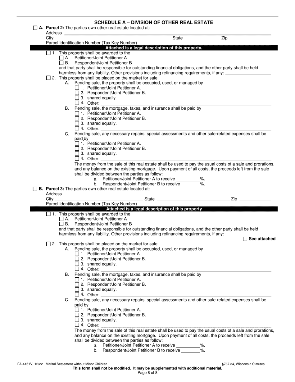 Form FA-4151V Marital Settlement Without Minor Children - Wisconsin, Page 8