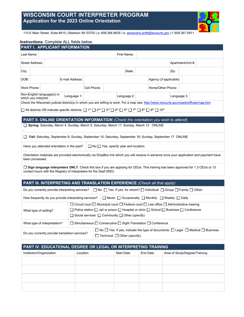 Wisconsin Court Interpreter Program Application for Online Orientation - Wisconsin, Page 1