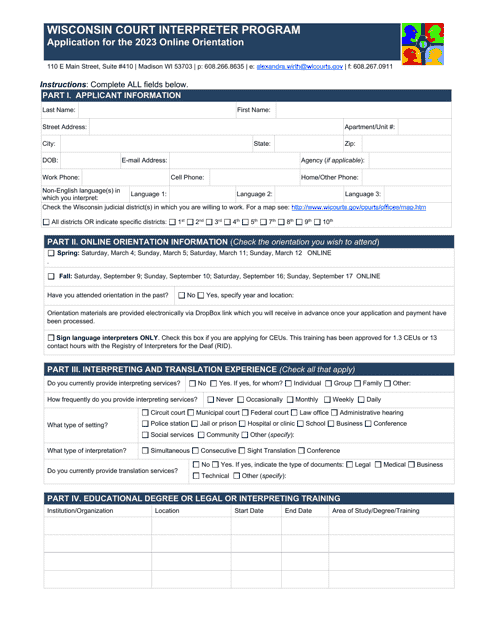 Wisconsin Court Interpreter Program Application for Online Orientation - Wisconsin, 2023