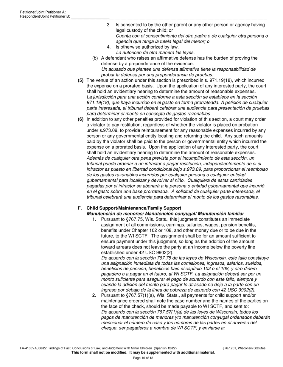 Form FA-4160VA Findings of Fact, Conclusions of Law, and Judgment With Minor Children - Wisconsin (English / Spanish), Page 10