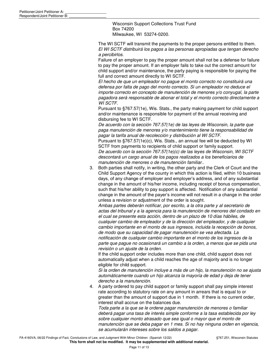 Form FA-4160VA Findings of Fact, Conclusions of Law, and Judgment With Minor Children - Wisconsin (English / Spanish), Page 11