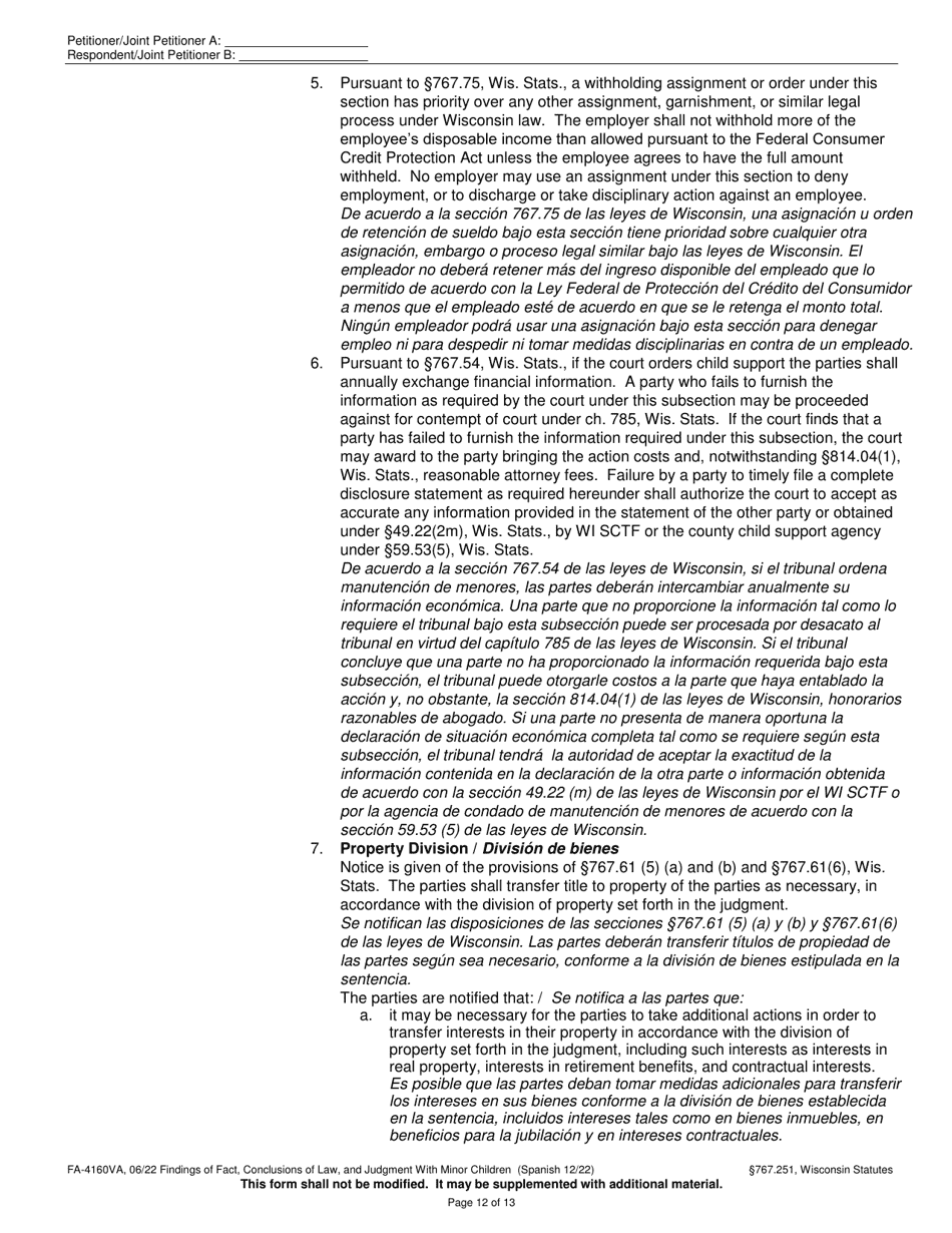 Form FA-4160VA Findings of Fact, Conclusions of Law, and Judgment With Minor Children - Wisconsin (English / Spanish), Page 12