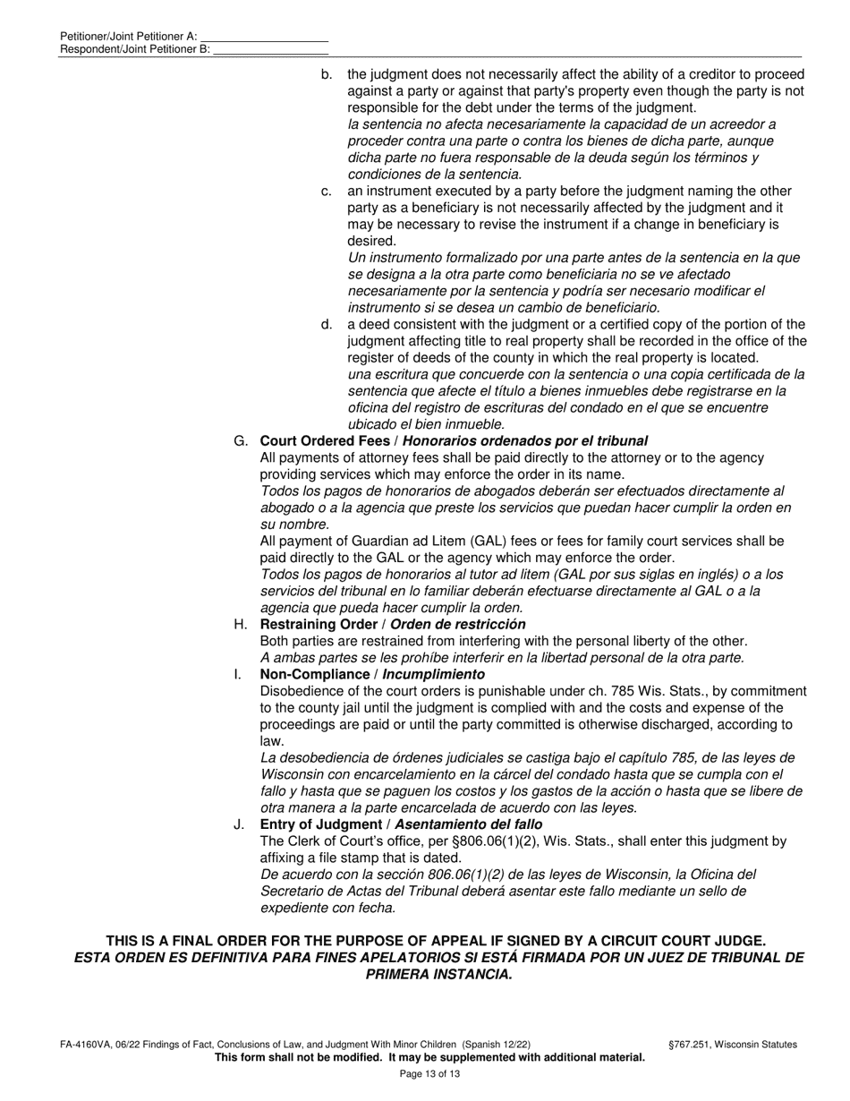 Form FA-4160VA Findings of Fact, Conclusions of Law, and Judgment With Minor Children - Wisconsin (English / Spanish), Page 13