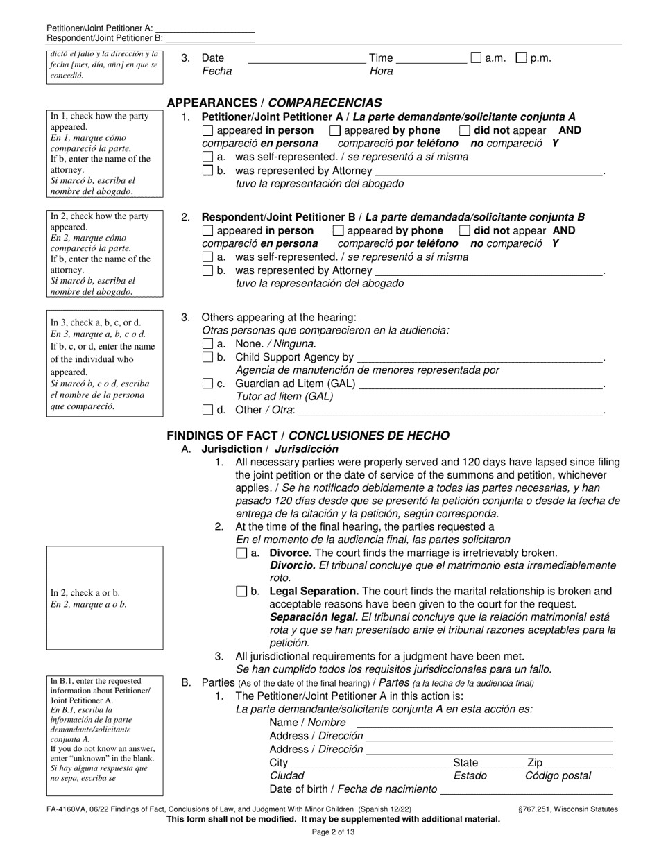 Form FA-4160VA Findings of Fact, Conclusions of Law, and Judgment With Minor Children - Wisconsin (English / Spanish), Page 2