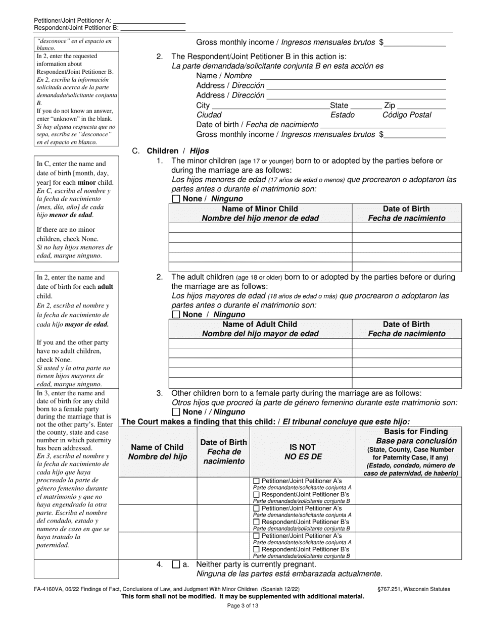 Form FA-4160VA Findings of Fact, Conclusions of Law, and Judgment With Minor Children - Wisconsin (English / Spanish), Page 3