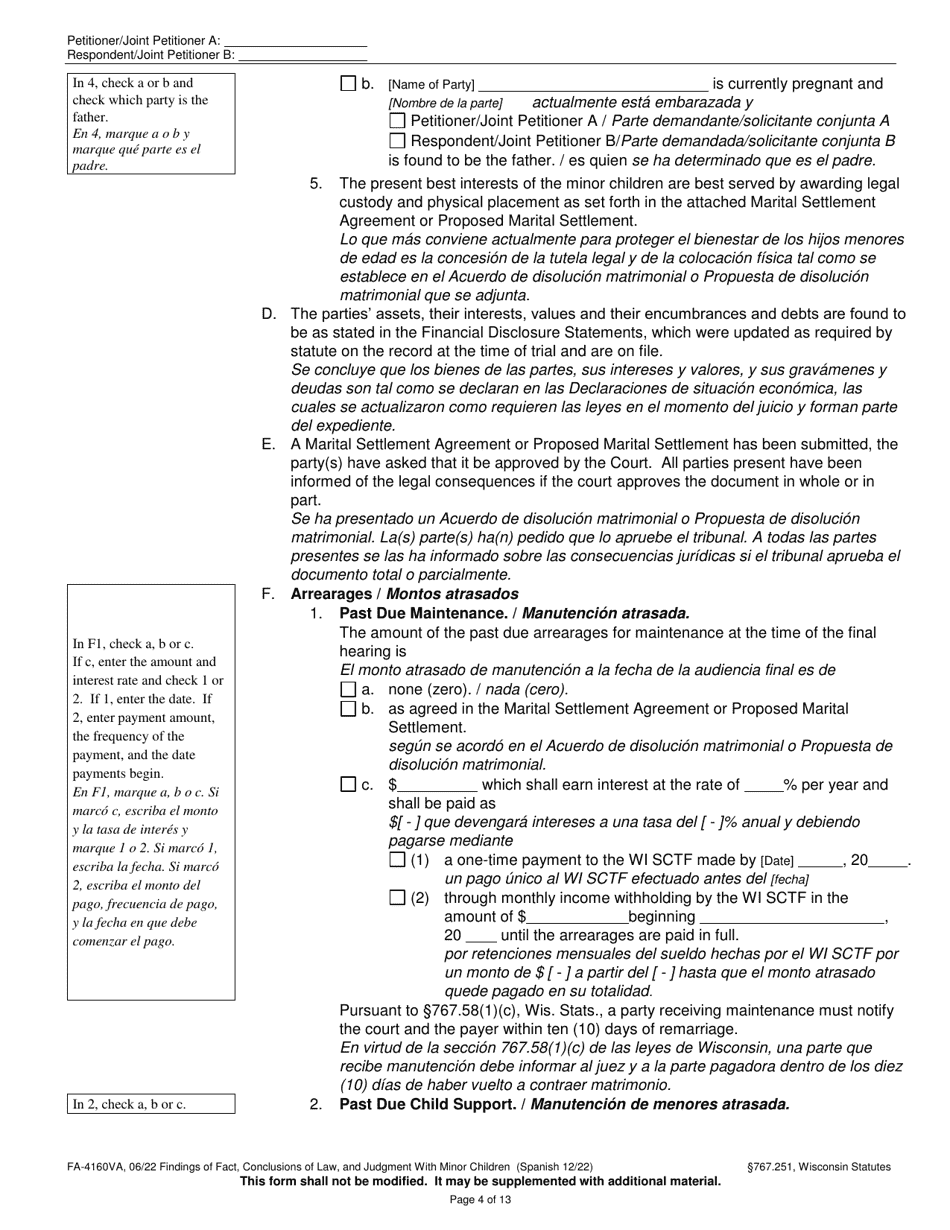 Form FA-4160VA Findings of Fact, Conclusions of Law, and Judgment With Minor Children - Wisconsin (English / Spanish), Page 4