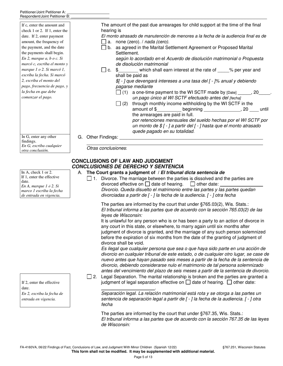 Form FA-4160VA Findings of Fact, Conclusions of Law, and Judgment With Minor Children - Wisconsin (English / Spanish), Page 5