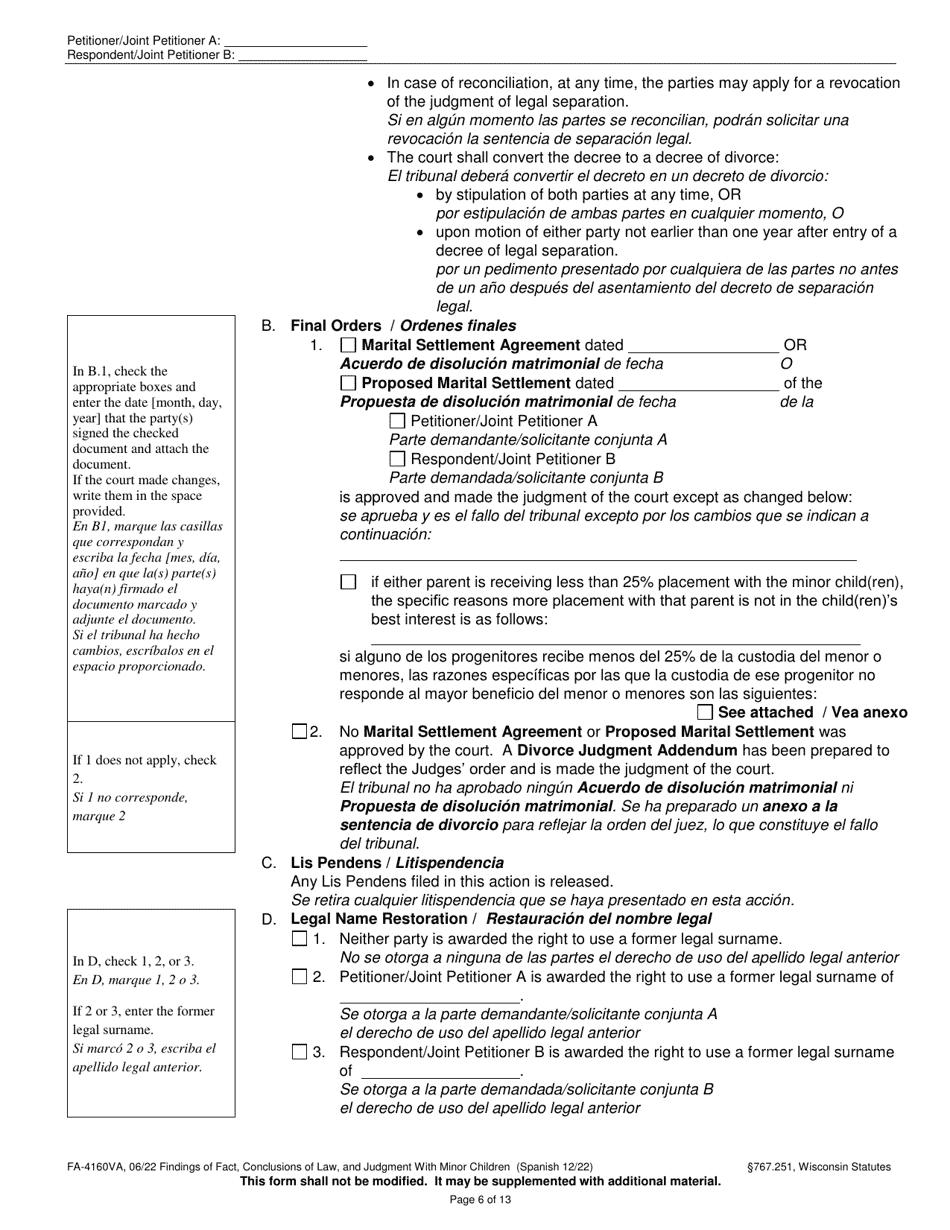 Form FA-4160VA Findings of Fact, Conclusions of Law, and Judgment With Minor Children - Wisconsin (English / Spanish), Page 6