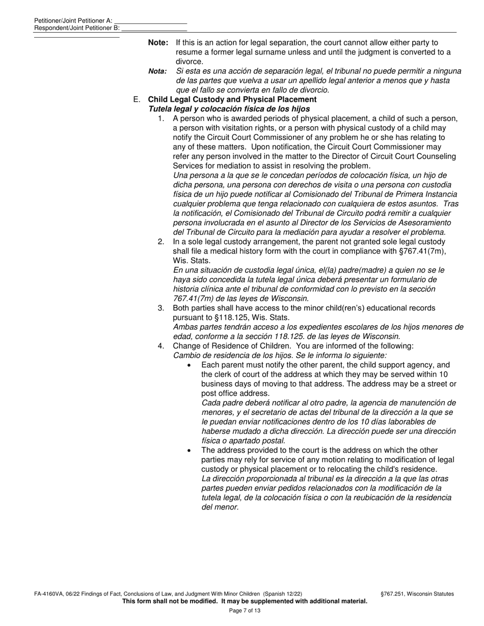 Form FA-4160VA Findings of Fact, Conclusions of Law, and Judgment With Minor Children - Wisconsin (English / Spanish), Page 7