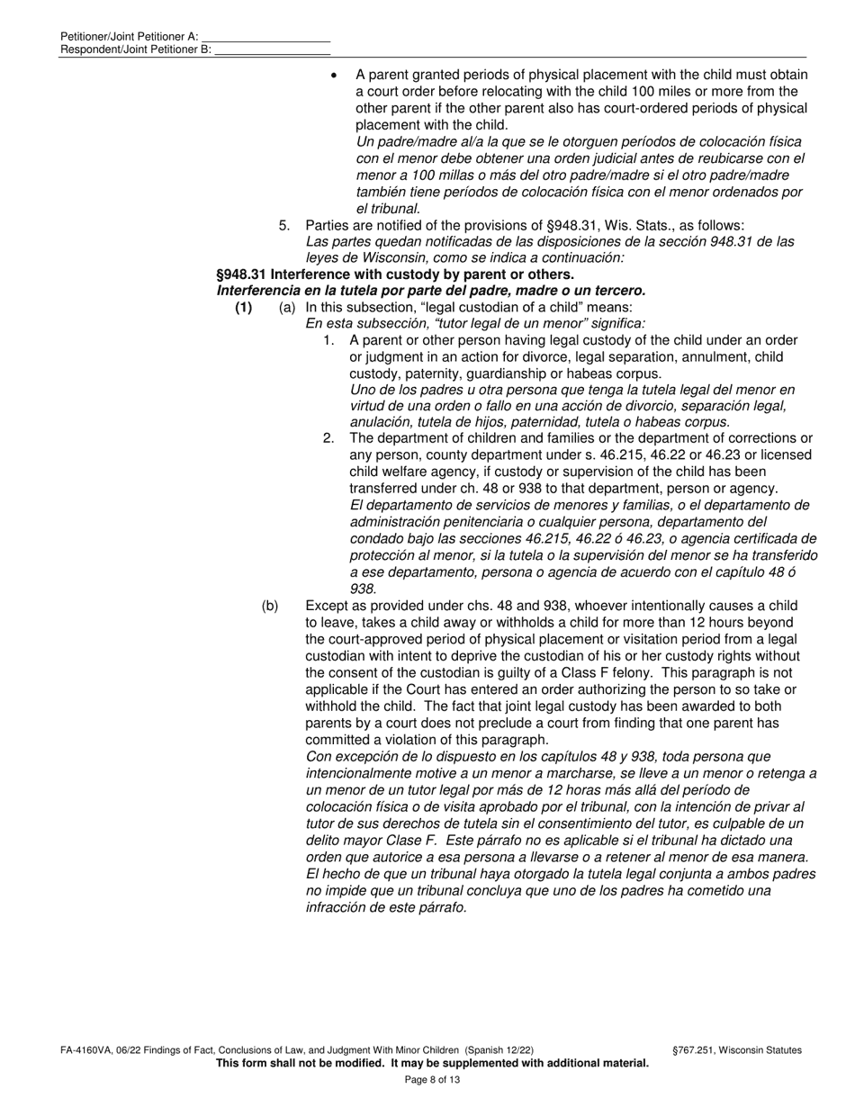 Form FA-4160VA Findings of Fact, Conclusions of Law, and Judgment With Minor Children - Wisconsin (English / Spanish), Page 8