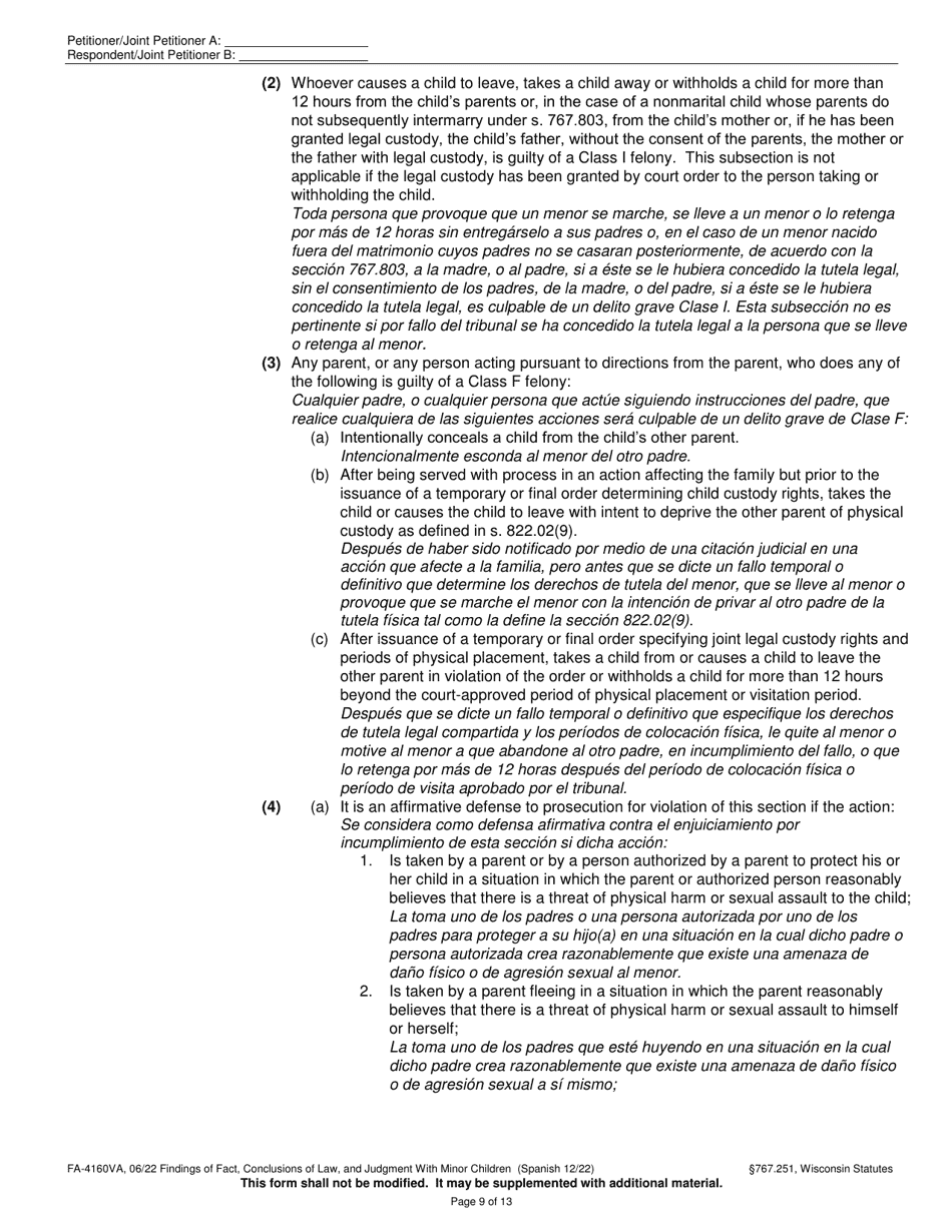 Form FA-4160VA Findings of Fact, Conclusions of Law, and Judgment With Minor Children - Wisconsin (English / Spanish), Page 9