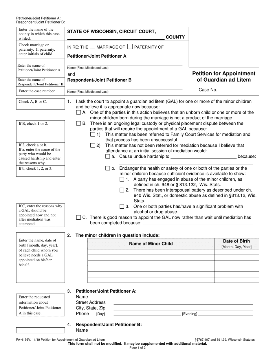 Form FA-4136V Petition for Appointment of Guardian Ad Litem - Wisconsin, Page 1