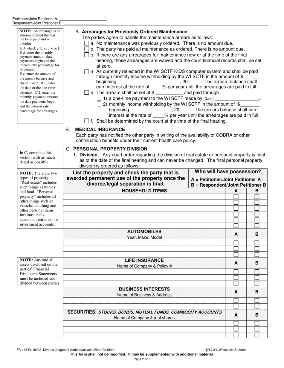 Form FA-4154V Divorce Judgment Addendum With Minor Children - Wisconsin, Page 2