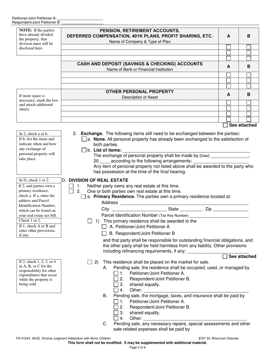 Form FA-4154V Divorce Judgment Addendum With Minor Children - Wisconsin, Page 3