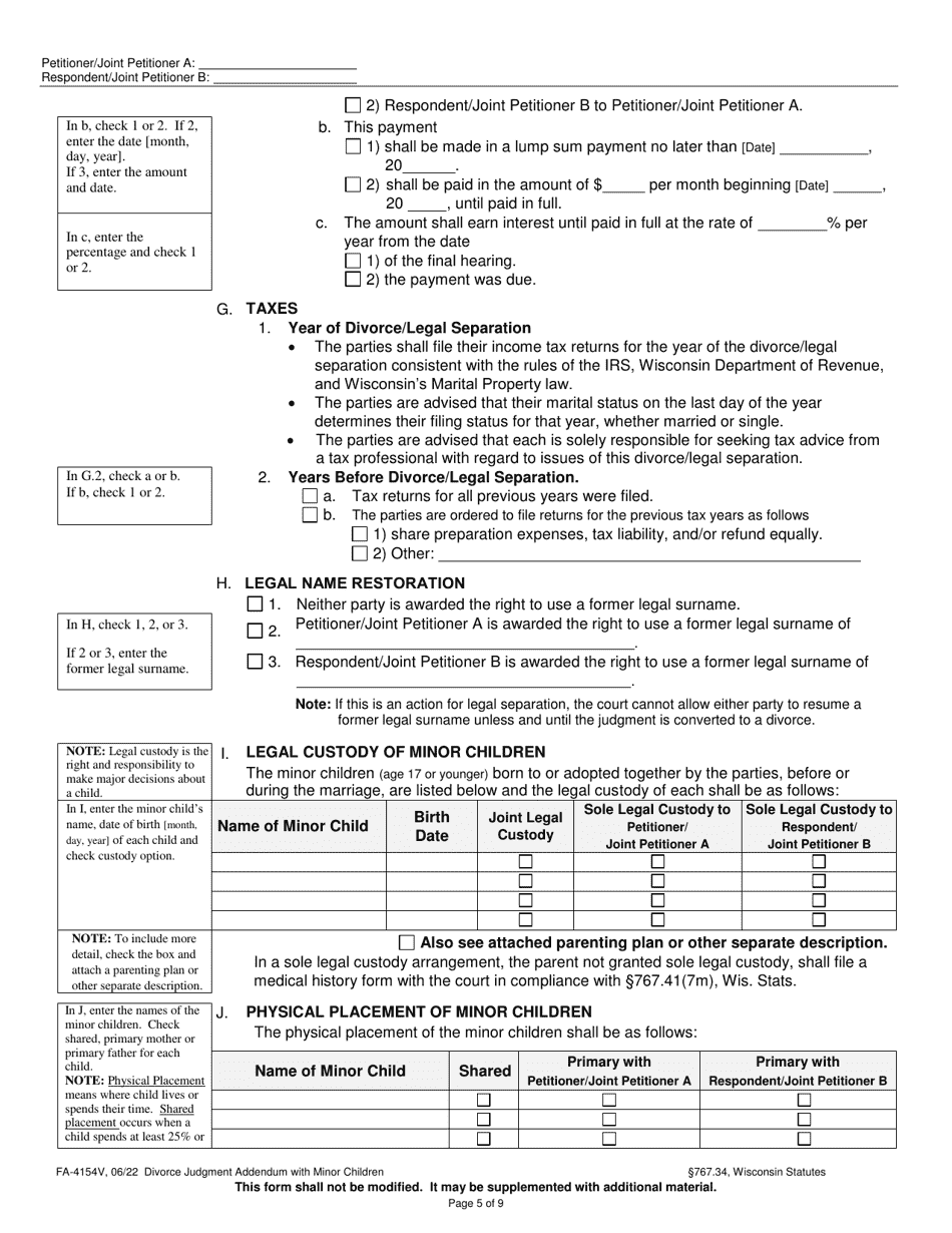 Form FA-4154V Divorce Judgment Addendum With Minor Children - Wisconsin, Page 5