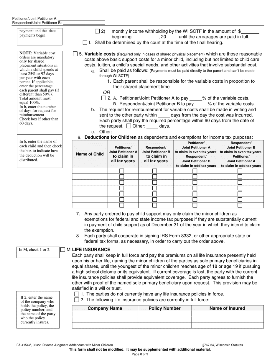 Form FA-4154V Divorce Judgment Addendum With Minor Children - Wisconsin, Page 8