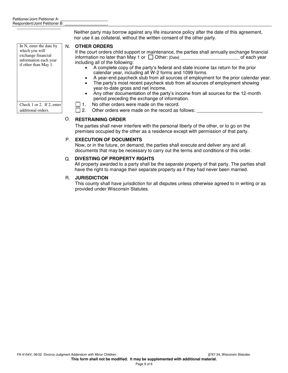 Form FA-4154V Divorce Judgment Addendum With Minor Children - Wisconsin, Page 9
