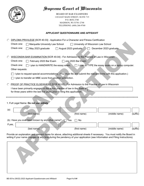 Form BE-001E Applicant Questionnaire and Affidavit - Sample - Wisconsin, 2023