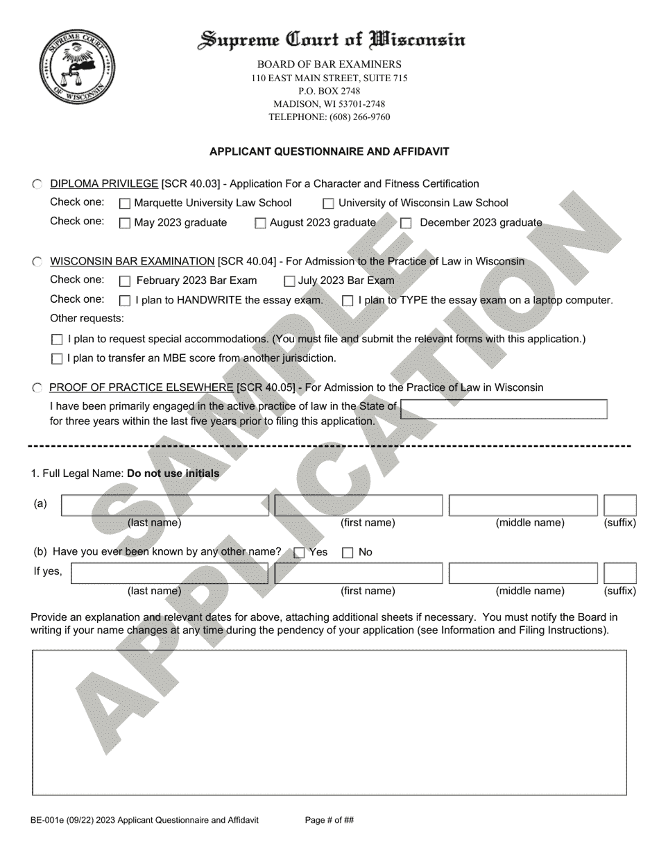 Form BE-001E Applicant Questionnaire and Affidavit - Sample - Wisconsin, Page 1