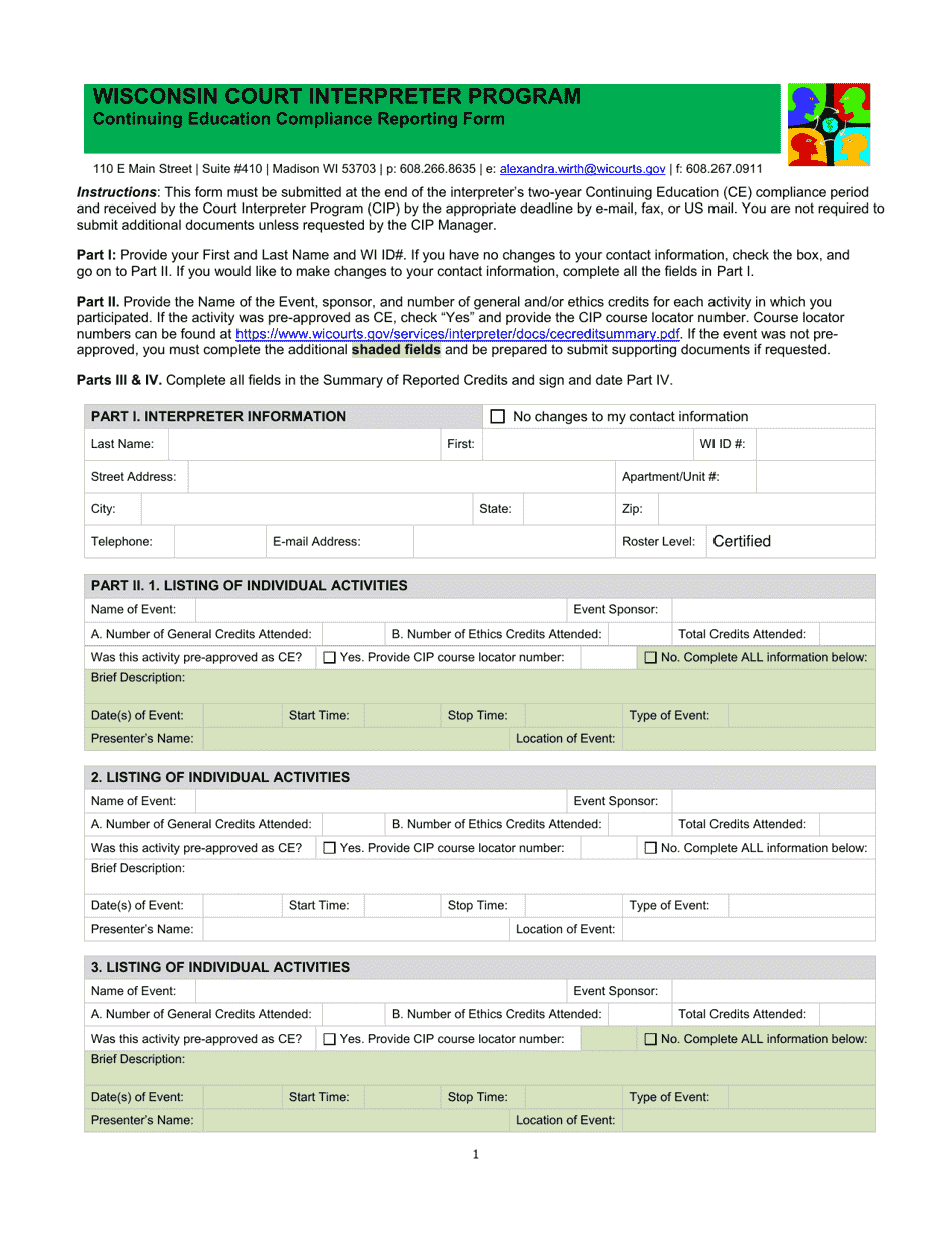 Continuing Education Compliance Reporting Form - Wisconsin Court Interpreter Program - Wisconsin, Page 1