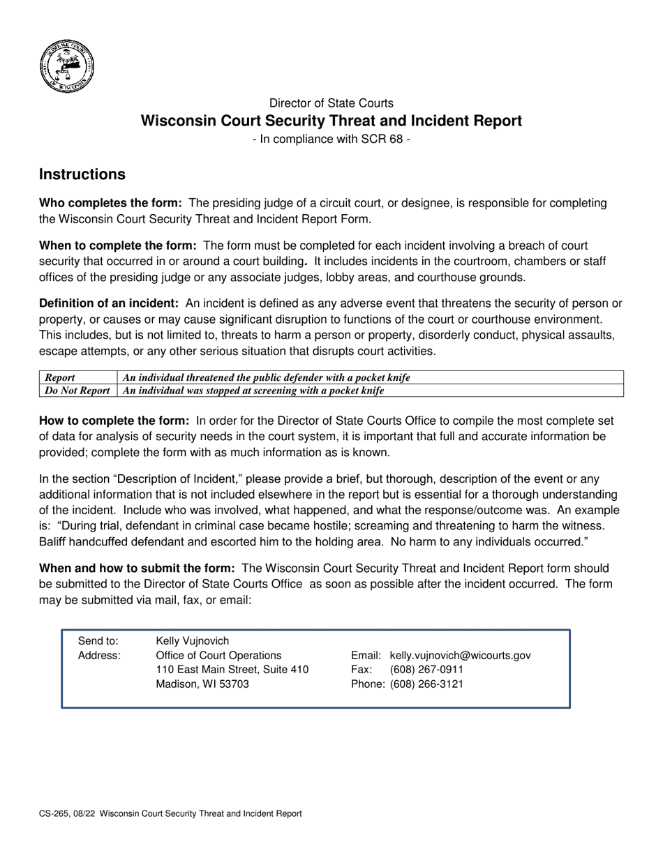 Form CS-265 Wisconsin Court Security Threat and Incident Report - Wisconsin, Page 1