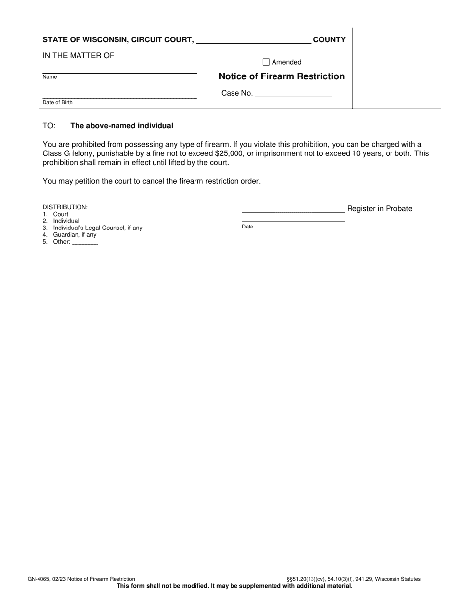 Form GN-4065 Notice of Firearm Restriction - Wisconsin, Page 1
