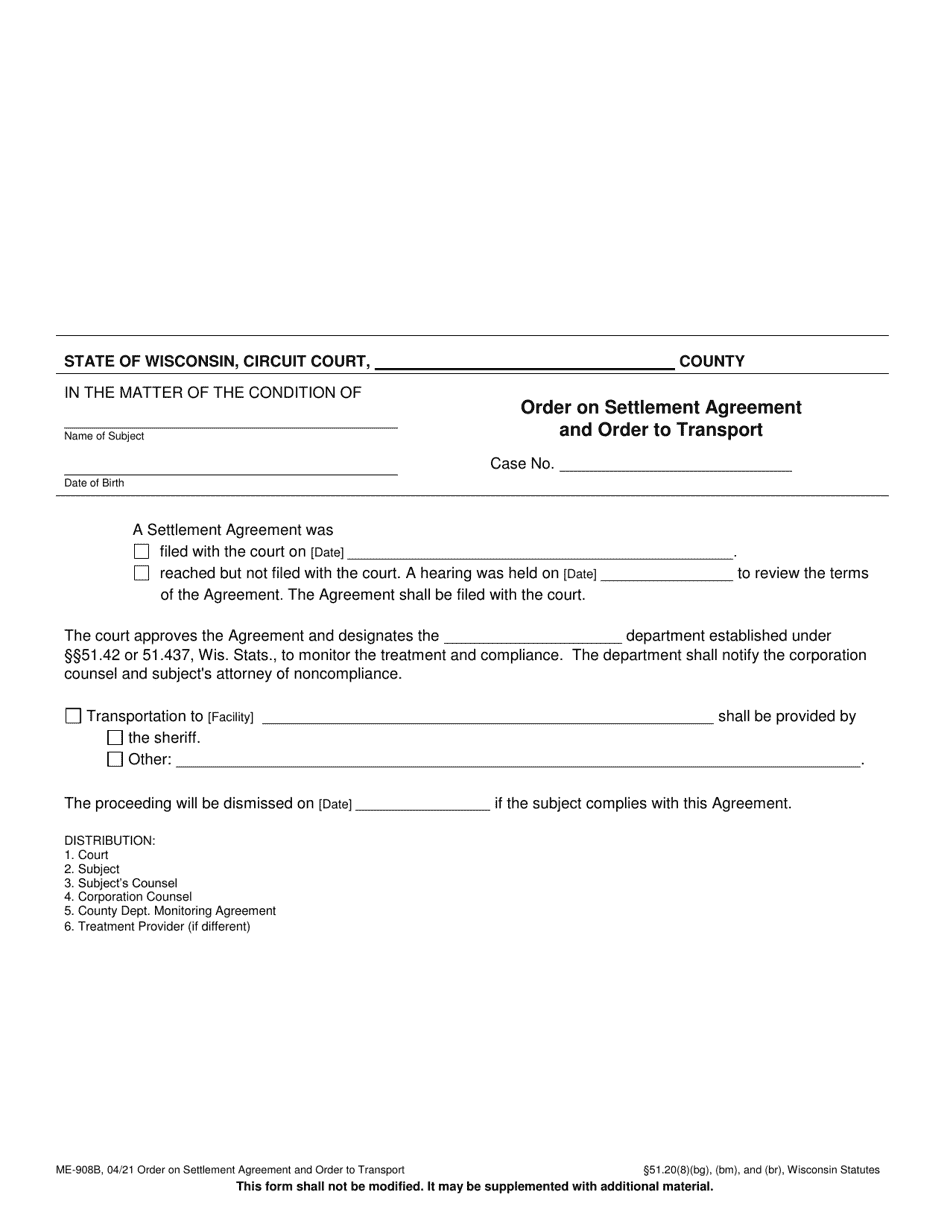 Form ME-908B Order on Settlement Agreement and Order to Transport - Wisconsin, Page 1