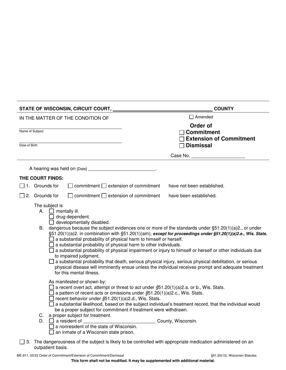 Form ME-911 Order of Commitment / Extension of Commitment / Dismissal - Wisconsin, Page 1