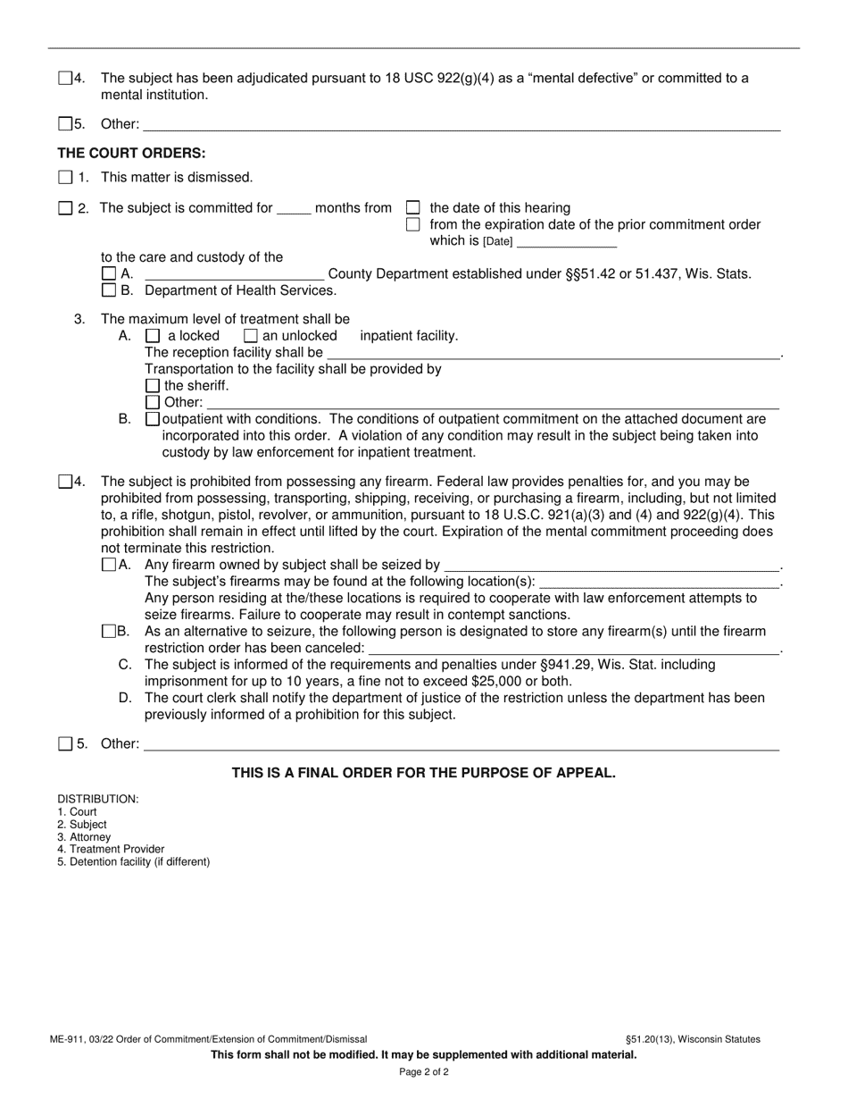 Form ME-911 Order of Commitment / Extension of Commitment / Dismissal - Wisconsin, Page 2