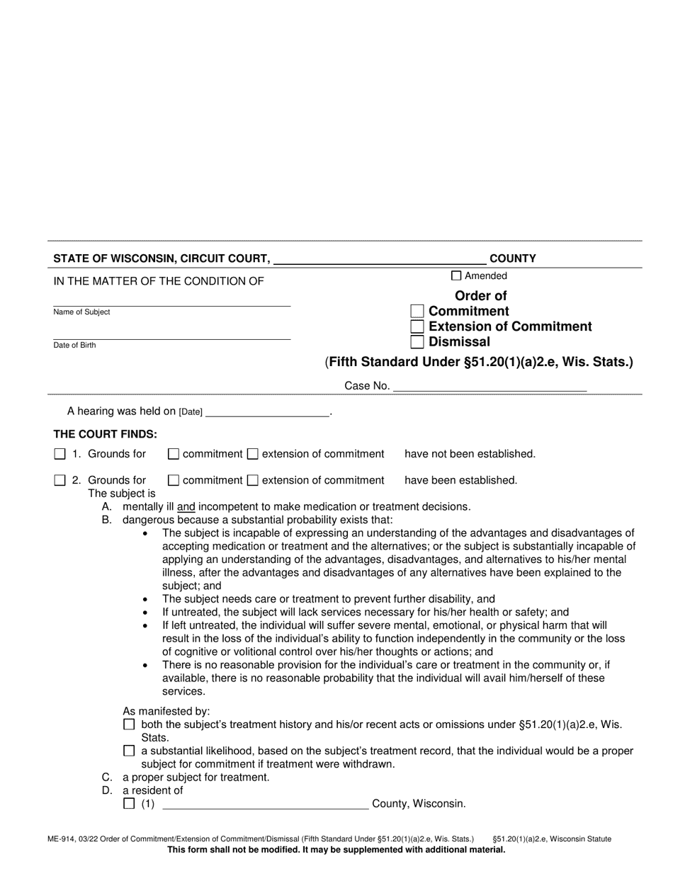 Form ME-914 Order of Commitment extension of Commitment dismissal - Wisconsin, Page 1