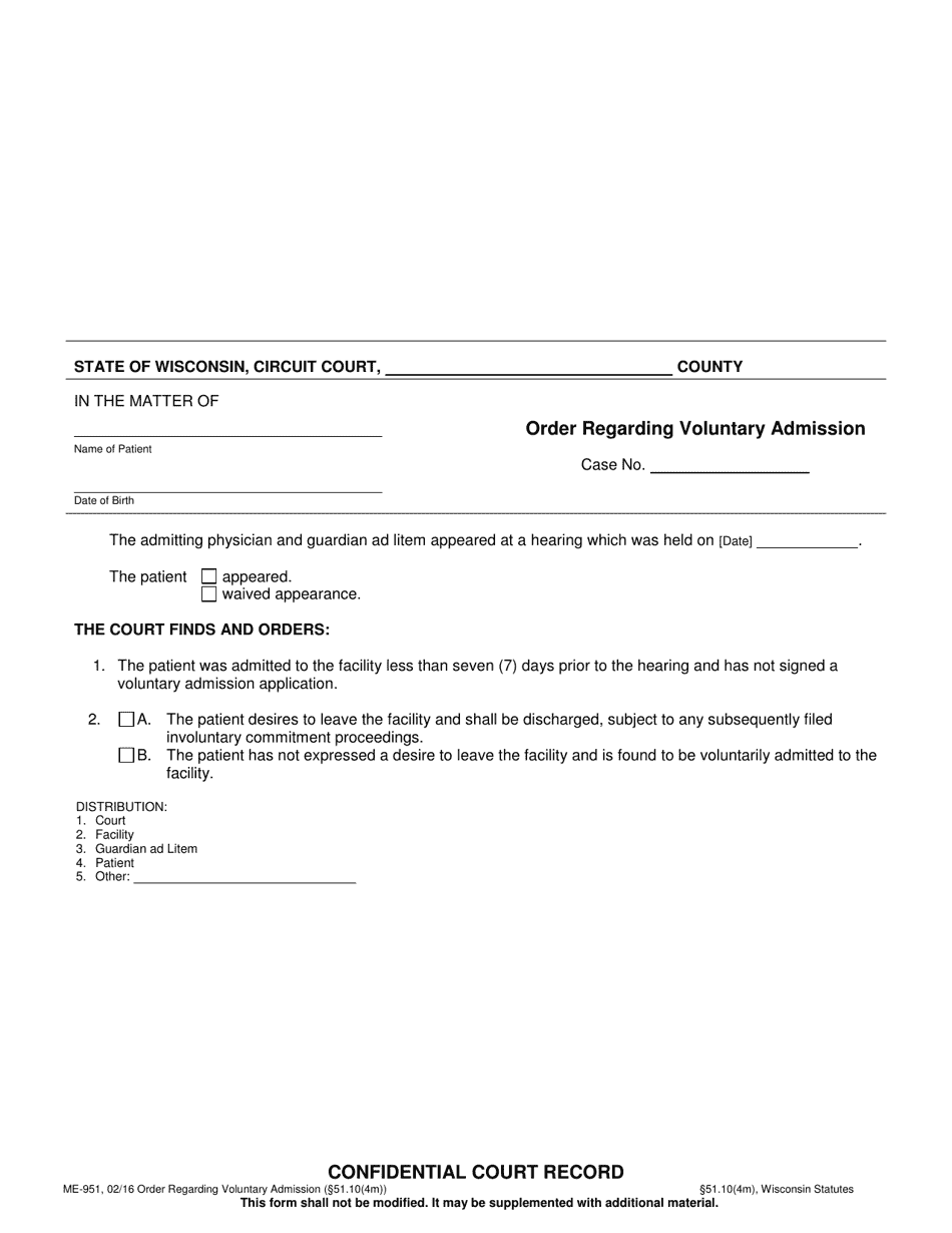 Form ME-951 Order Regarding Voluntary Admission - Wisconsin, Page 1
