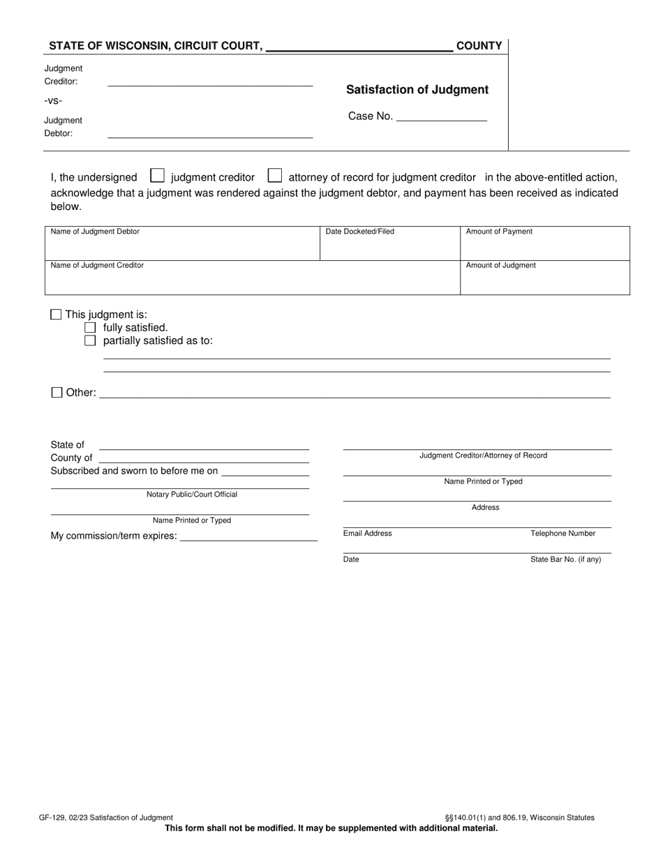 Form GF-129 Satisfaction of Judgment - Wisconsin, Page 1